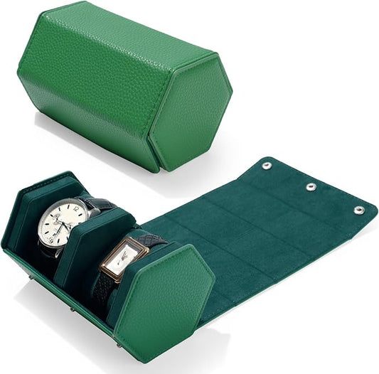 Oirlv Luxury Hexagonal Leather Watch Travel Case Watch Organizer Case for Men Portable Jewelry Storage Roll Organizer(2-Slot,Green)