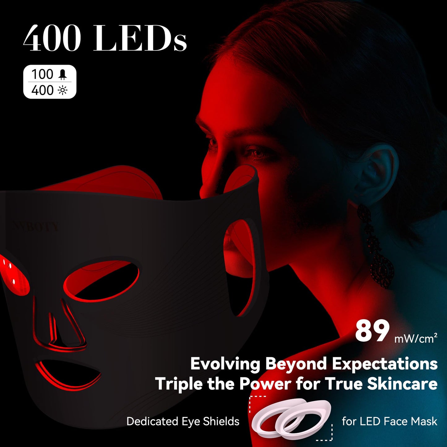 NVBOTY Red Light Therapy Mask, 4 Modes Portable Red Light Therapy for Face, 2000mAh Rechargeable Remote, Blue, Orange, 850NM Infrared & Red Light Mask, 400 LEDs, Timing Function, at Home & Travel
