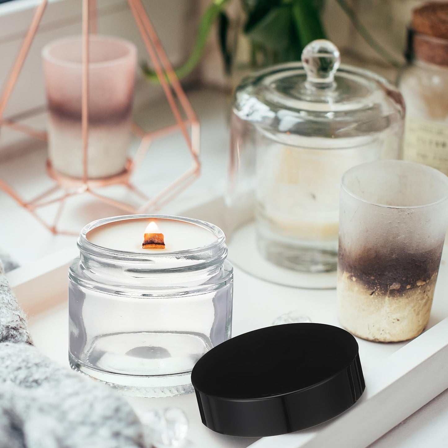 12 Pcs 2 oz Clear Glass Jars with Black Lids Leakproof Round Airtight Jars Empty Cosmetic Jars with Inner Liners Lid for Candle Making Storing Lotions Spice Powder Liquid Sample Makeup (Black,clear)