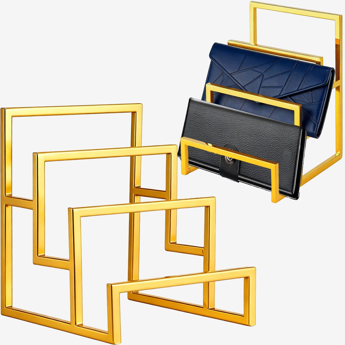 3-Tier Purse Display Stand, Gold Metal Wallet Display Rack, 2 Pack, 3 Layer