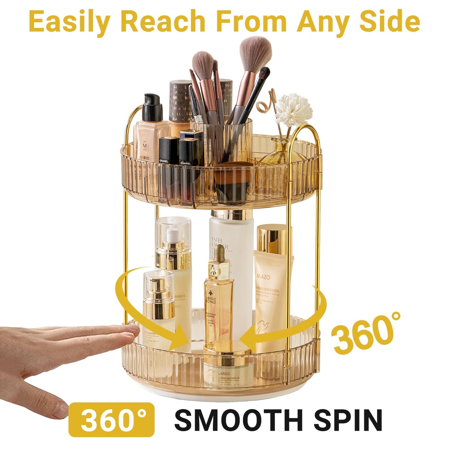 Asayuee 360 Rotating Makeup Organizer,2 Tier Large Capacity Make Up Organizers and Storage,Skincare Perfume Vanity Organizers,Bathroom Cosmetics Storage Organizer Countertop(Gold)