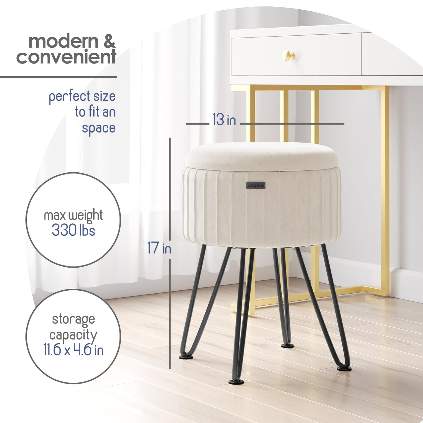 STORAGEBUD Round Ottoman with Storage, Pleated Velvet Storage Ottoman, Foot Stool Ottomans, Makeup Vanity Stool, Small Ottomans Foot Rest, Modern Vanity Stools for Living Room and Bedroom, Cream
