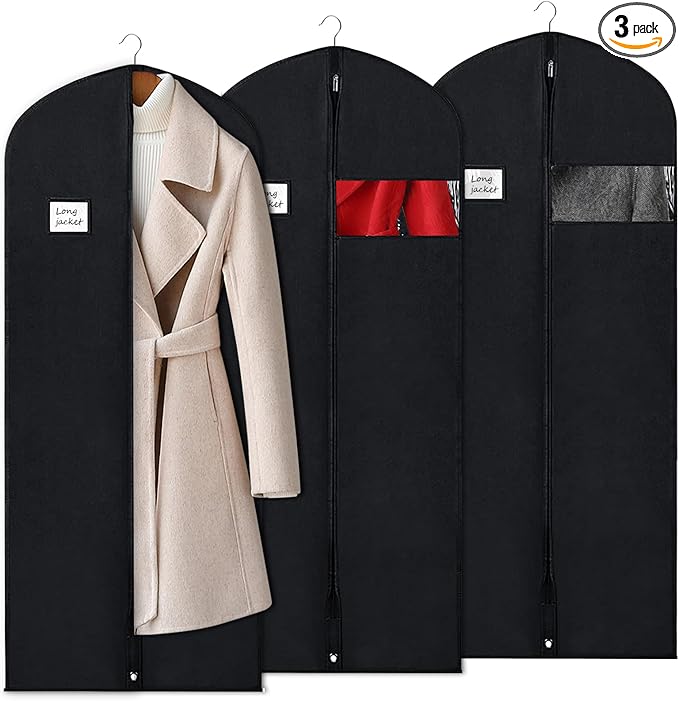 BOMEI PACK Black Garment Bags for Hanging Clothes or Travel 63" Suit Bags for Storage of Coats,Sweater, Jacket,T-shirts and Dresses(3 Packs)