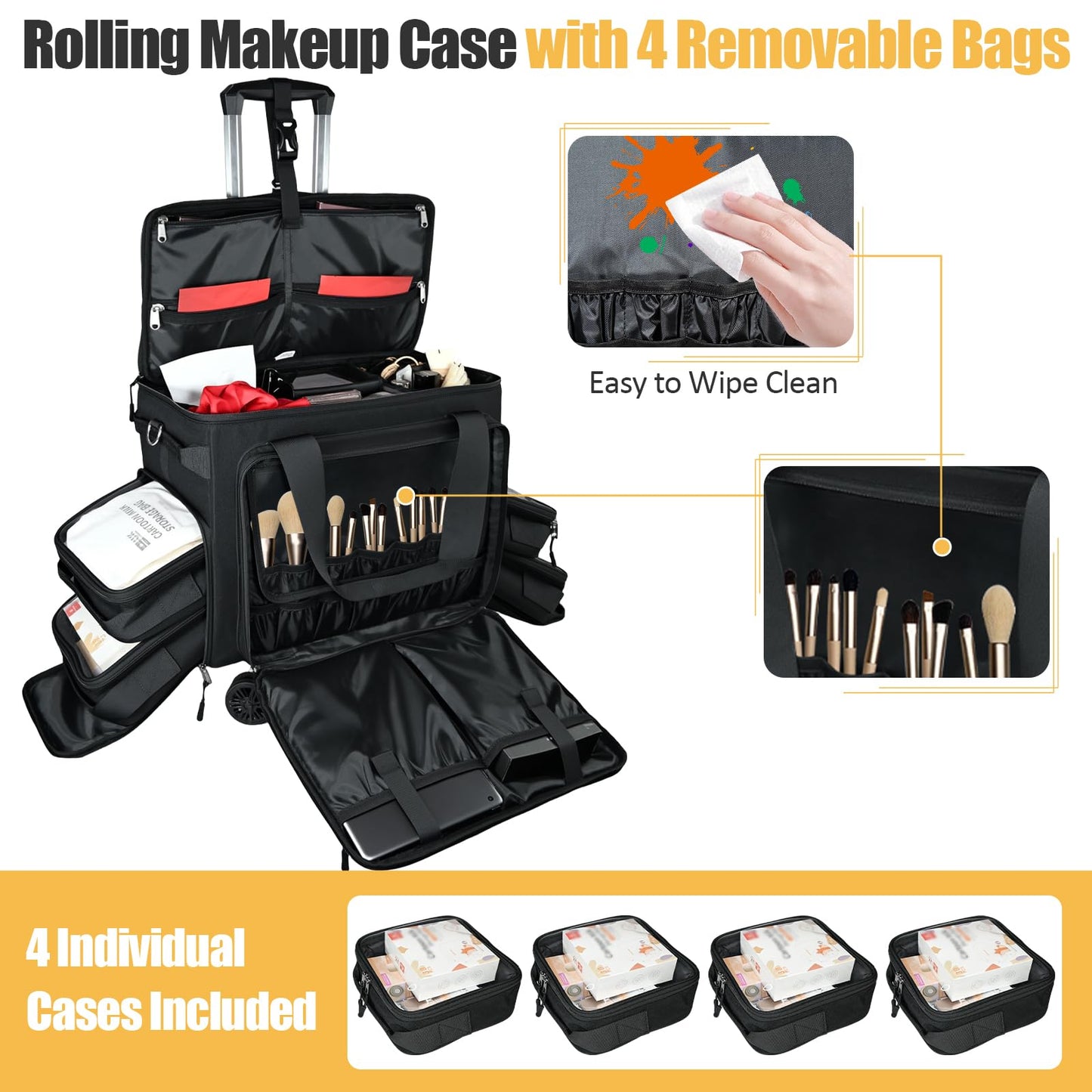 BatlFrist Rolling Makeup Train Case Rolling Cosmetic BagRolling Medicine Bag with 4 Removable Bags, with Brushes Storage Section. with Detachable Dividers (Patent Design)(Black)