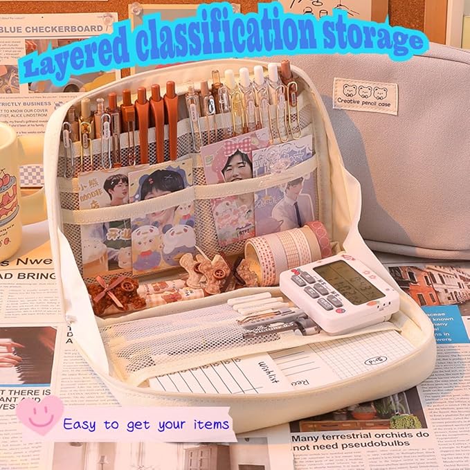 Pencil Case Pouch Box Cute Kawaii Large Capacity Aesthetic Zipper Pen Holder Organizer Bag for Office Workspace Supplies Desk Accessories Travel (Light Pink)