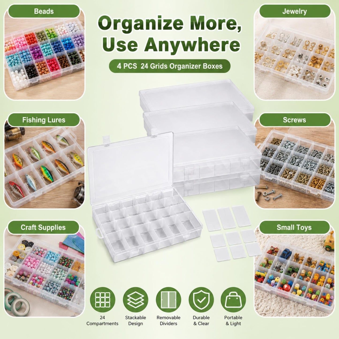 APACALI 4 Pack Large Clear Organizer Box with Dividers, 24 Adjustable Compartments Tackle Box & Bead Organizer for Crafts Small Parts