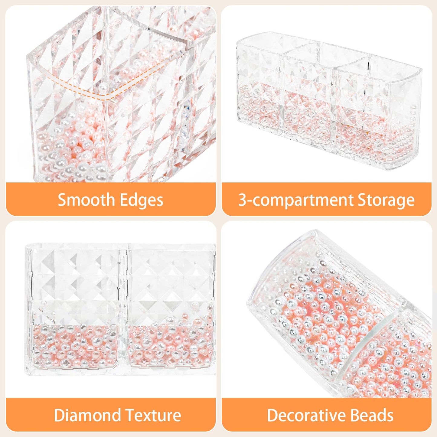 Obsoorth Makeup Brush Holder 3 Slots Acrylic Clear Hair Brush Holder with Pink and White Pearls, Makeup Organizer Brushes for Vanity Office and Bathroom