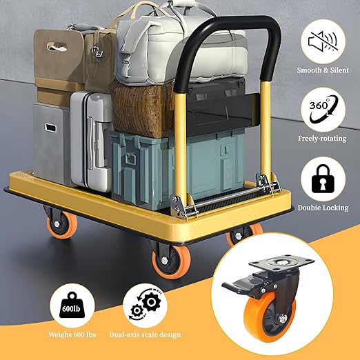 4 Inch Caster Wheels, Heavy Duty Casters Set of 4, Locking Top Plate Casters with Brake, Industrial Swivel Caster Wheels for Furniture and Workbench (Orange 4 x Brakes, 4 Inch)