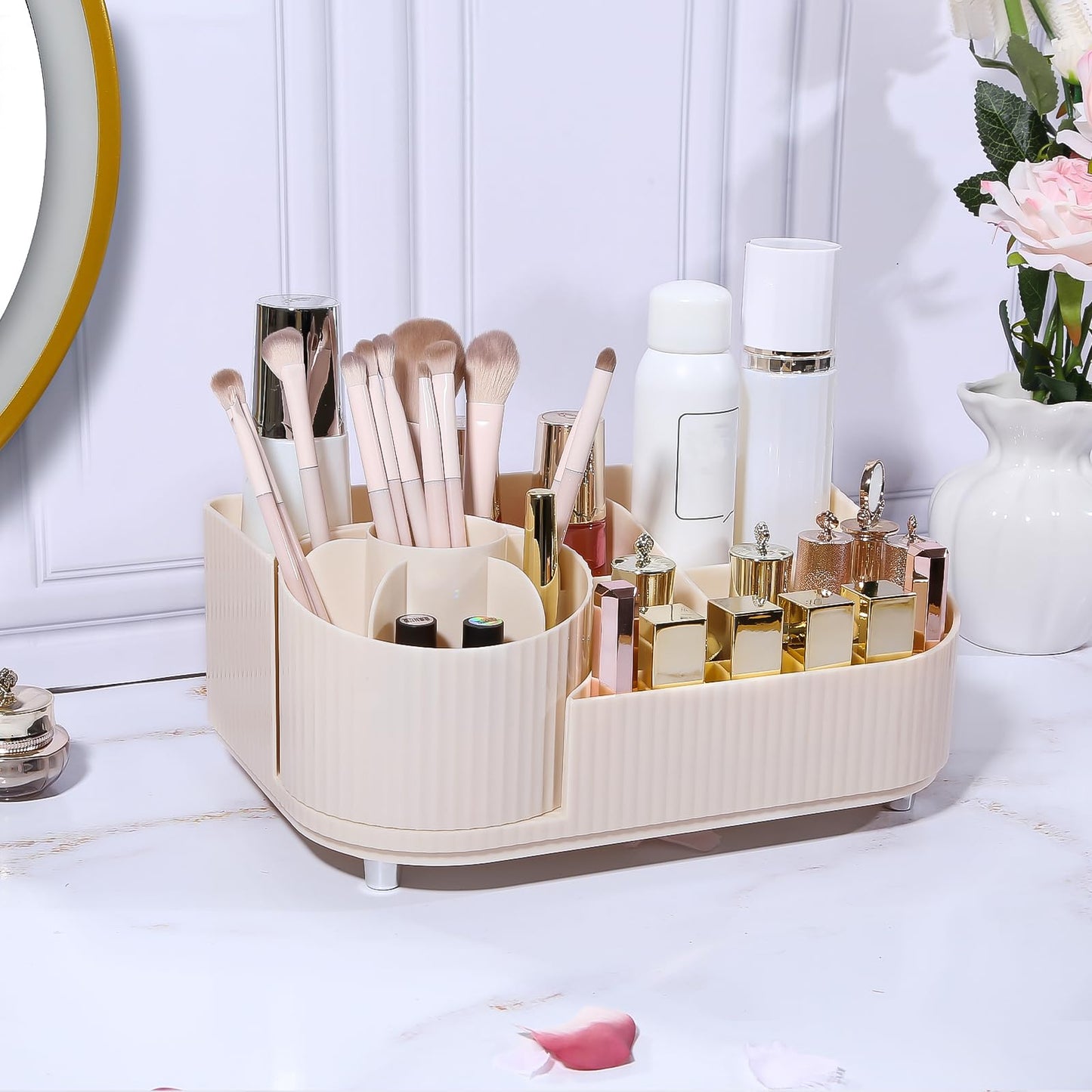 DASITON Large Capacity Makeup Organizer with 360° Rotating Makeup Brush Holder, Multi-Compartment Skincare and Cosmetic Storage for Vanity, Bathroom Countertop, Dresser, Desktop Storage Box (Cream)