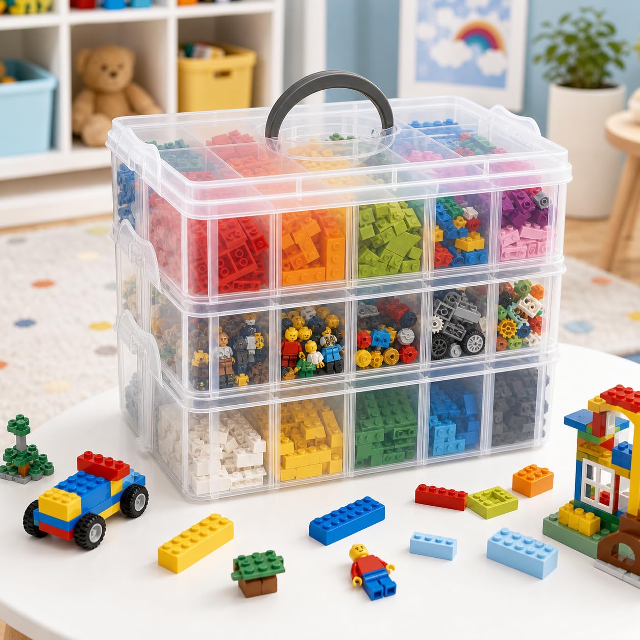 Guyuyii 3-Tier Stackable Bead Organizer with Adjustable Dividers and Handle