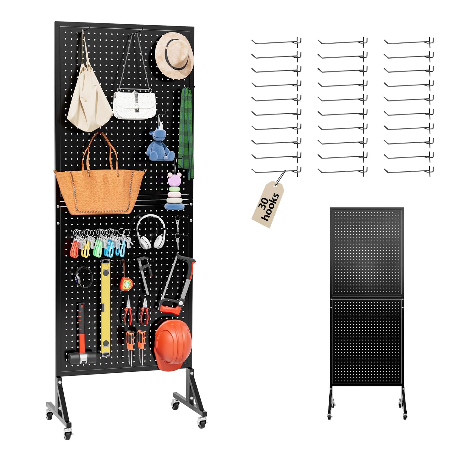 UEAKPIC Metal Pegboard Display Stand 66" x 24”, Pegboard Shelf with 30 Hooks, 4 Wheels and 4 Leveling Feet, Peg Board Panels Display Rack for Retail Store, Craft Show, Garage, Jewelry Organizer, Black