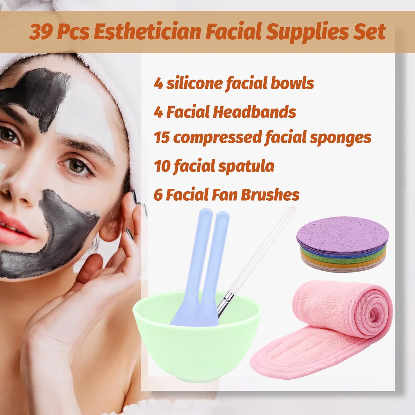 39 Pcs Esthetician Facial Supplies Set: 4 Silicone Facial Bowls, 4 Facial Headbands, 15 compressed sponges, 10 facial spatula, 6 Facial Cosmetic Fan Brushes for Mud Cream, Makeup Peel, Face Cleansing