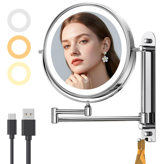 Gospire 9” Wall Mounted Makeup Mirror with Magnification 10X, 7in Height Adjustable Vanity Lighted Mirrors for Bathroom Wall, 360° Extended Arm Shaving Wall Mirror with Lights - Chrome