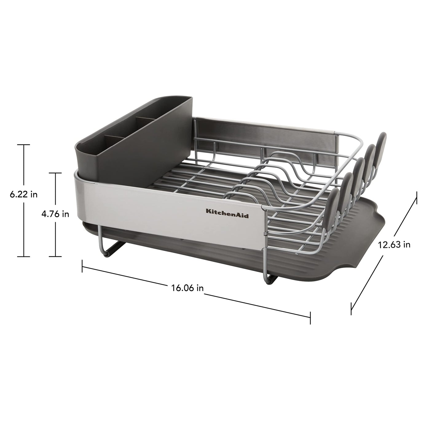 KitchenAid Compact, Space Saving Rust Resistant Dish Rack, with Angled Self Draining Drain Board and Removable Flatware Caddy, 16.06-Inch, Gray