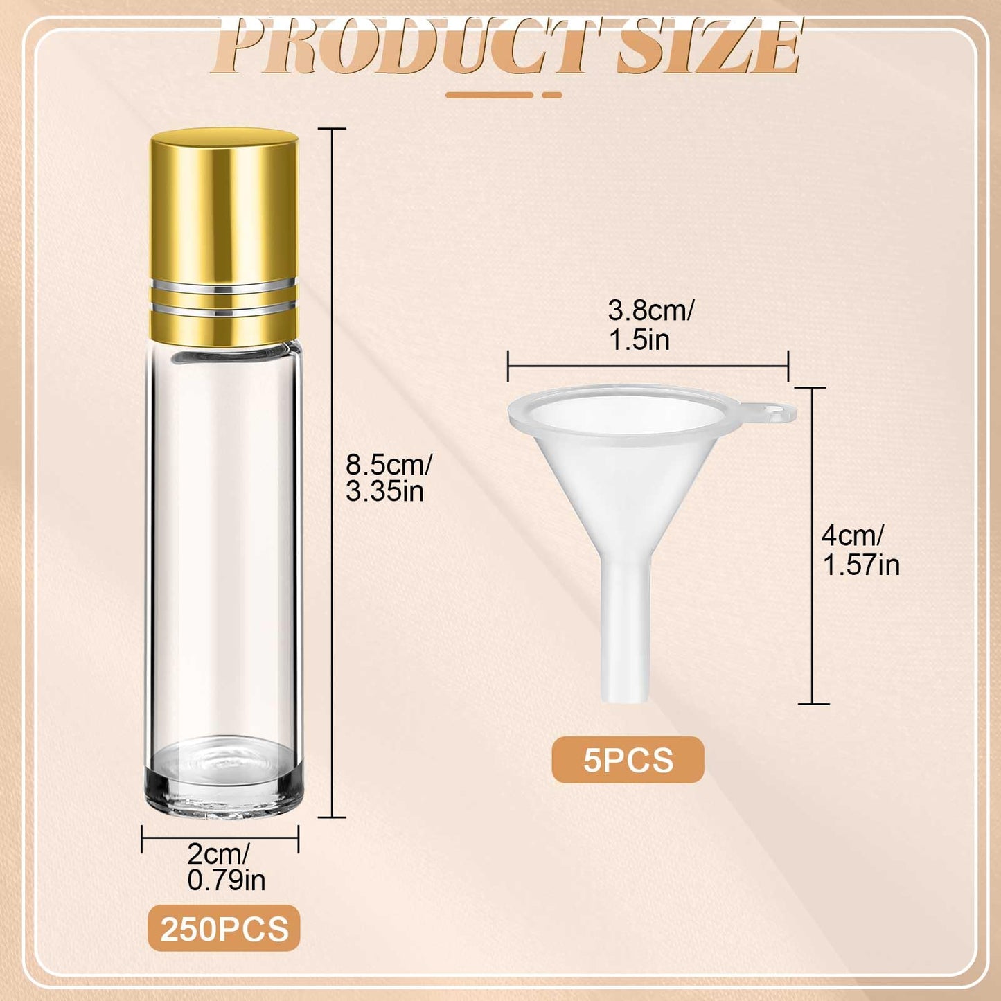 Sumind Essential Oil Roller Bottles - 250 Pcs, 10 ml Glass, Stainless Steel Roller Balls, Leakproof, Funnel Included(Clear with Gold Cap)