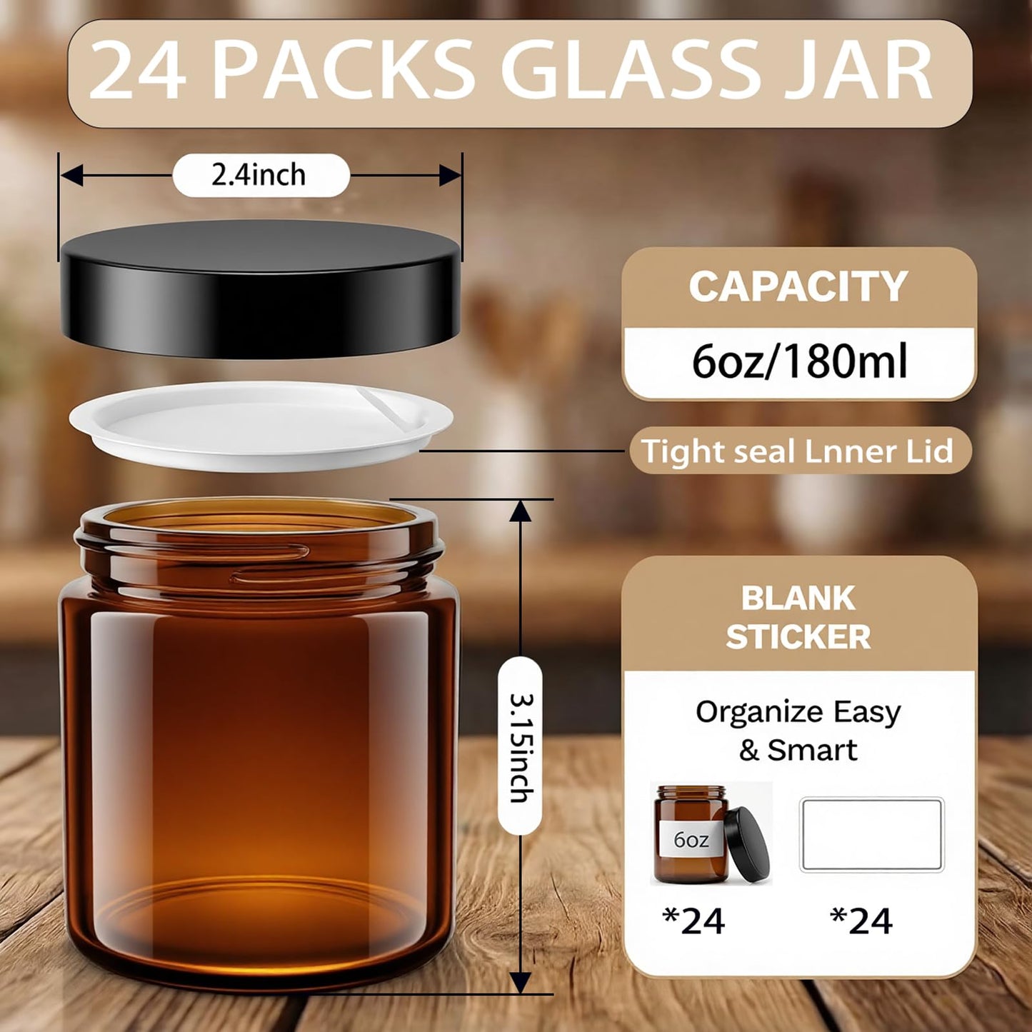 6oz Amber Glass Jars with Lids – 24 PCS Leak-Proof Cosmetic & Lotion Jars with Inner Liners,Small Travel Jars for Body Scrubs, Creams, Lip Balms, and DIY Projects –Airtight,Reusable（Amber）