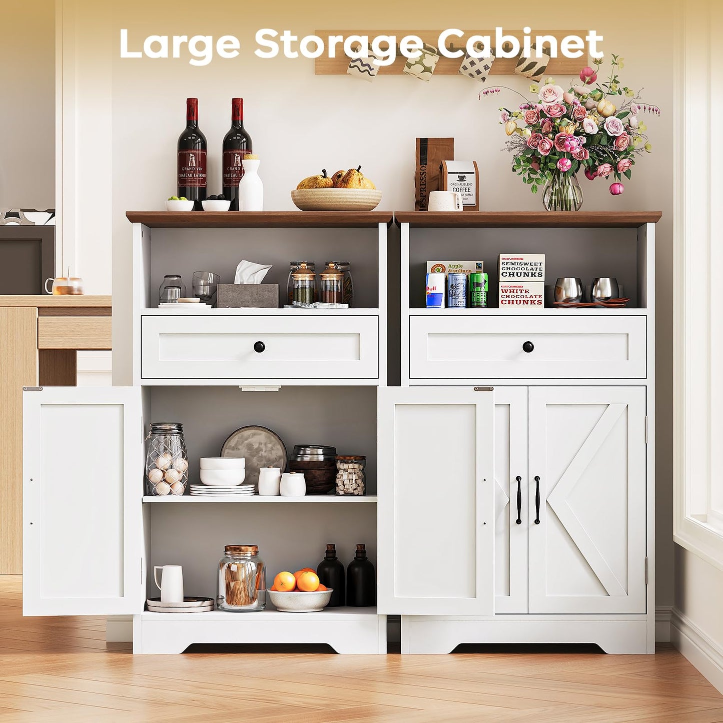 Viroformo Floor Cabinet, Farmhouse Storage Cabinet with Barn Doors and Drawer, 11.81" D x 23.62" W x 39.37" H White Freestanding Adjustable Shelf Organizer for Bathroom, Kitchen, Living Room
