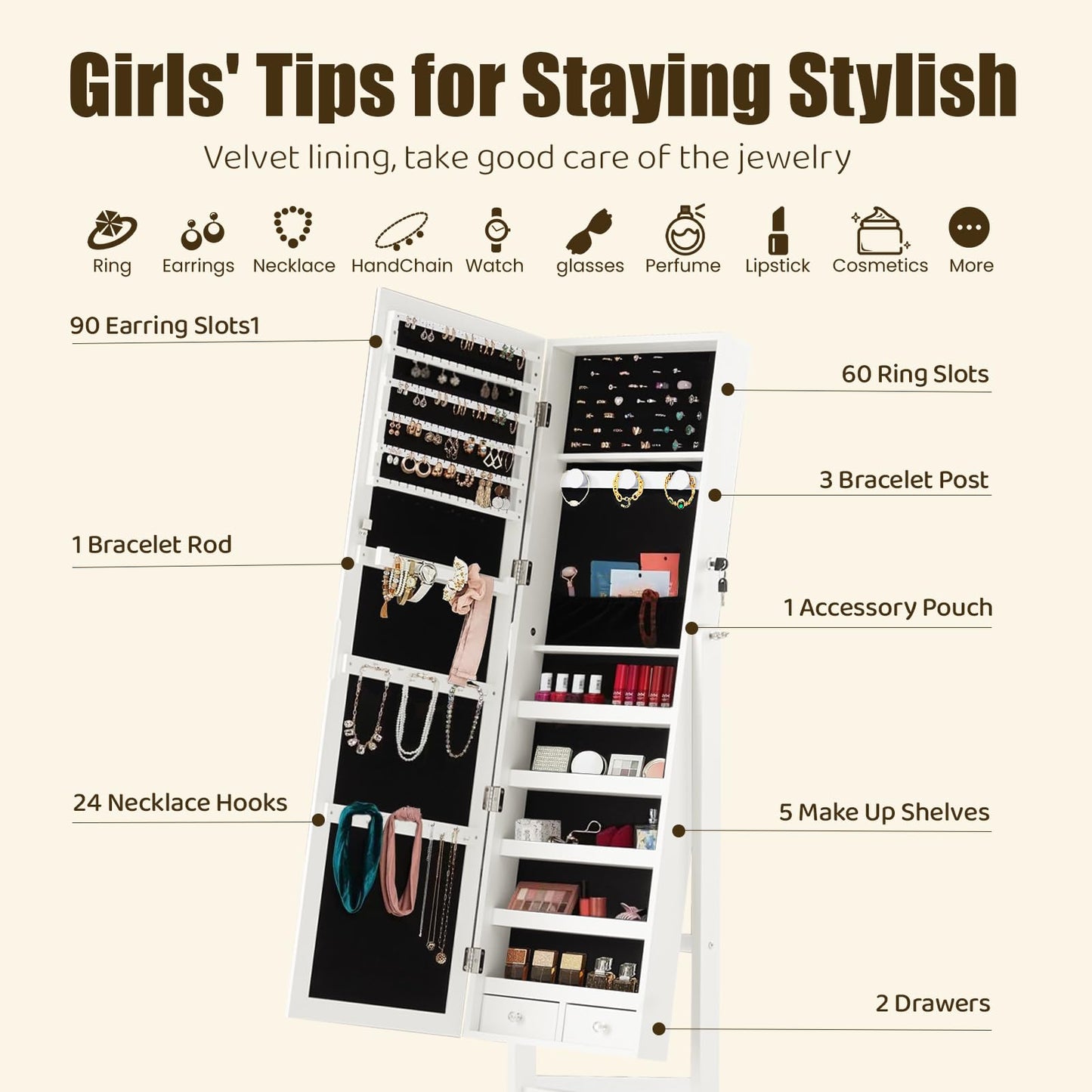 Sweetcrispy Freestanding Jewelry Armoire Cabinet, Lockable Standing Jewelry Organizer and Storage, Full Length Makeup Mirror, 3 Adjustable Angles (13°/23°/30°), 3 Angles, White