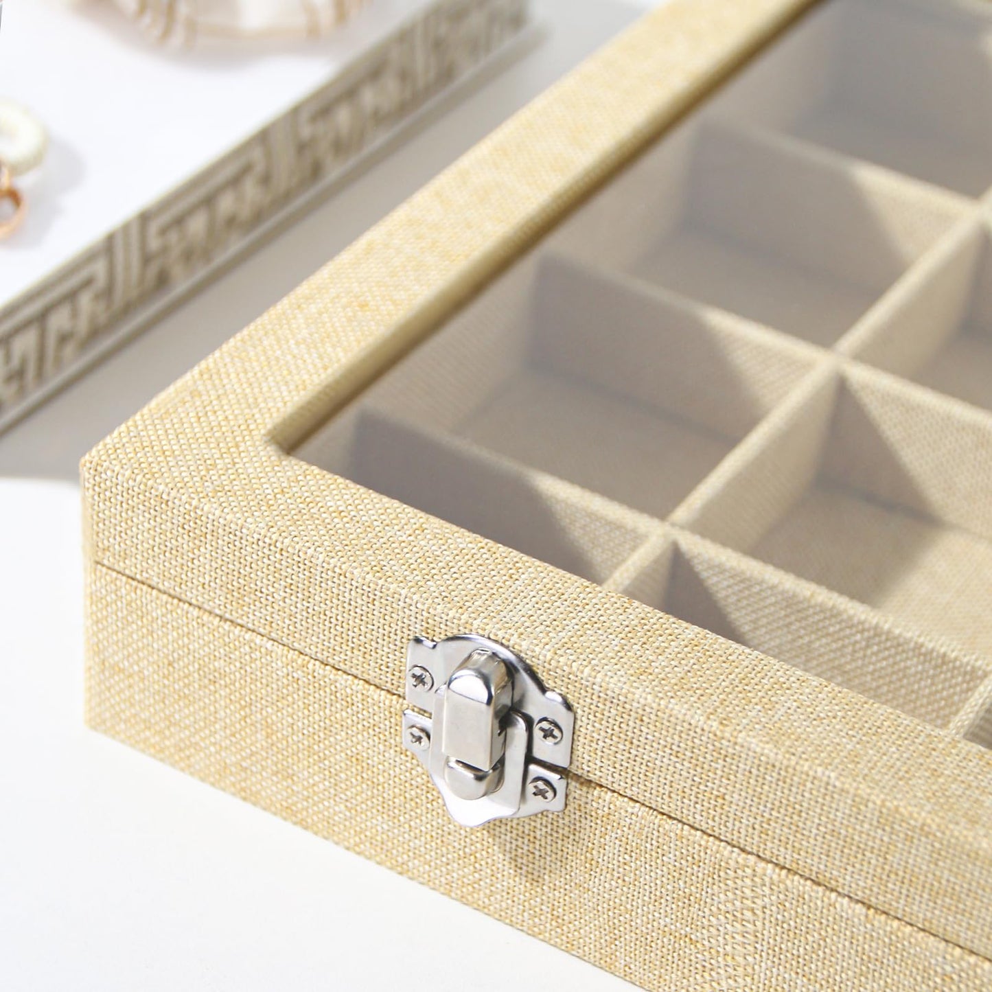 Coward Jewelry Organizer Box, Yellow Linen 24 Grids Ring Earring Jewelry Display Tray Case with Transparent Glass Lid for Home Drawer or Shop Selling