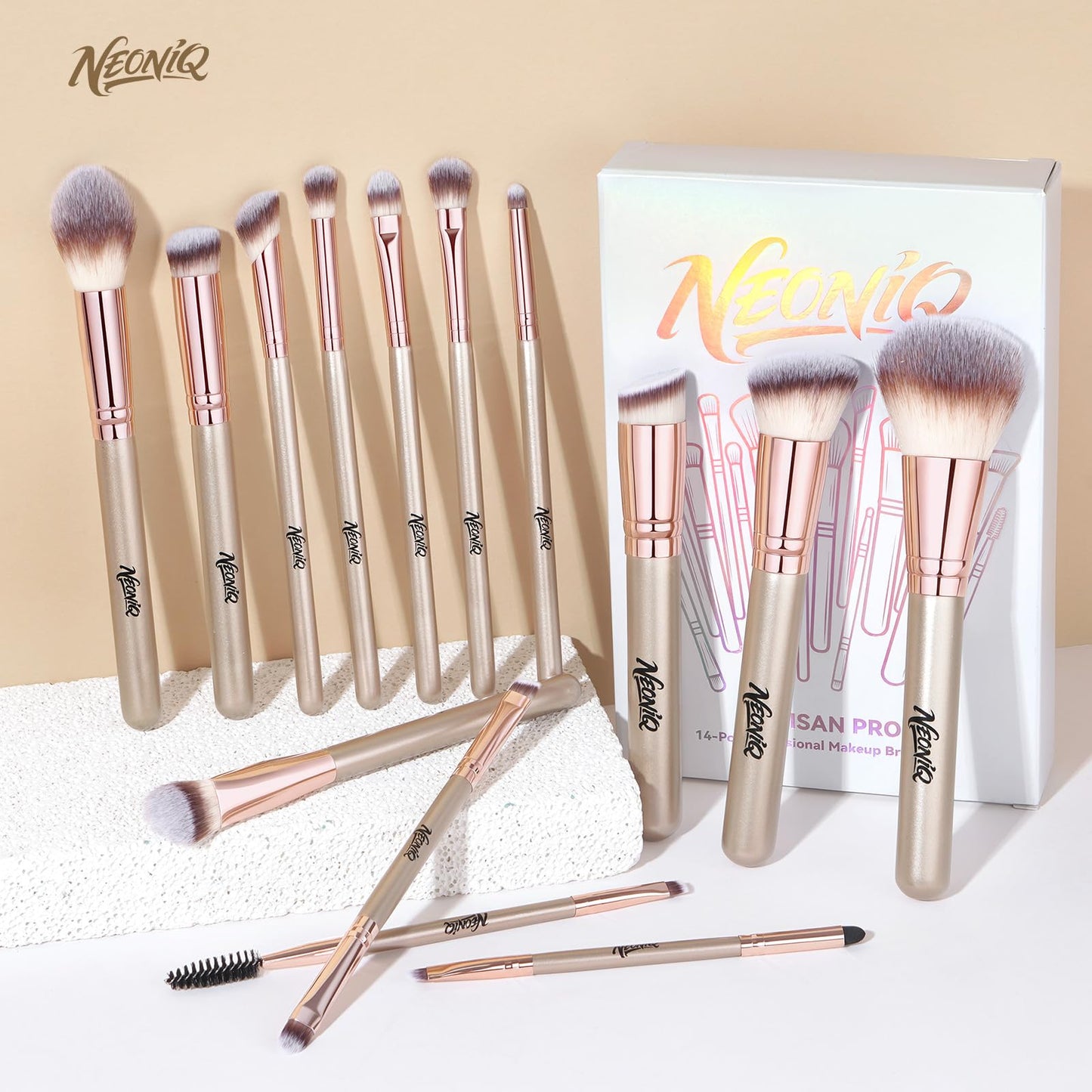 NEONIQ 14 PCS Professional Makeup Brushes, Makeup Brush Set, Foundation Powder Blending Concealer Eyeshadows Blush Cosmetics Brushes(Gold)