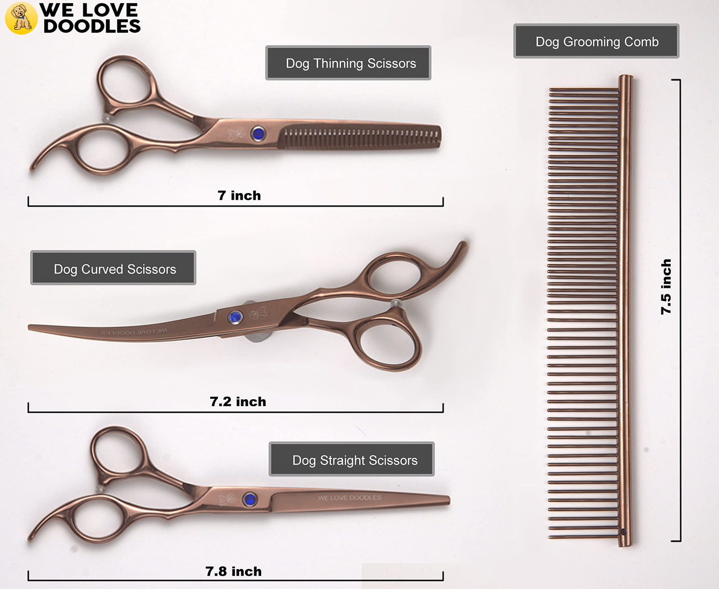 Dog Grooming Scissors Kit - Best Tools for Goldendoodles & Poodles - Straight, Curved & Thinning Shears - Professional Grade Stainless Steel, 4 Pc Set [We Love Doodles]