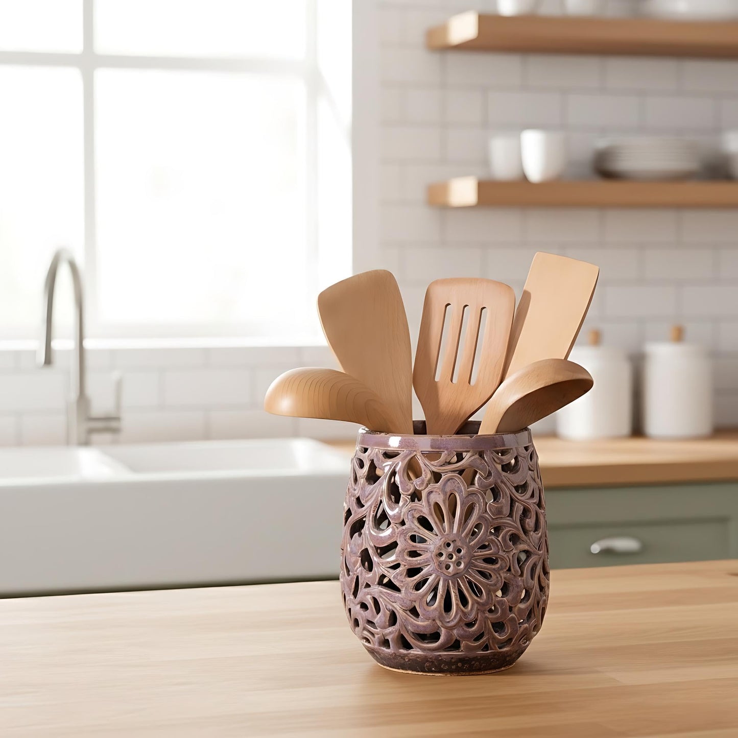 JH JIEMEI HOME Farmhouse Kitchen Utensil Holder for Kitchen Counter, Ceramic Large Cooking Utensil Crock with Cork Mat, Countertop Cooking Tool Spatula Organizer, Purple Antique Design