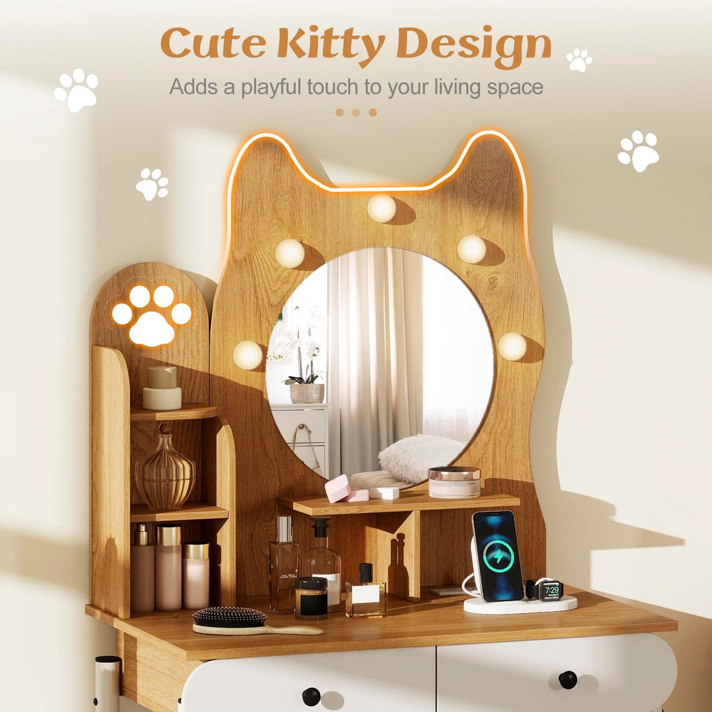 LOKO Cute Cat-Themed Vanity Desk, 31.5" Makeup Table with Kitty Ear Design, Charging Station, 3-Color LED Bulbs, Dimmable Brightness, Open Shelves & 2 Drawers, Modern Dressing Table for Women, Girls