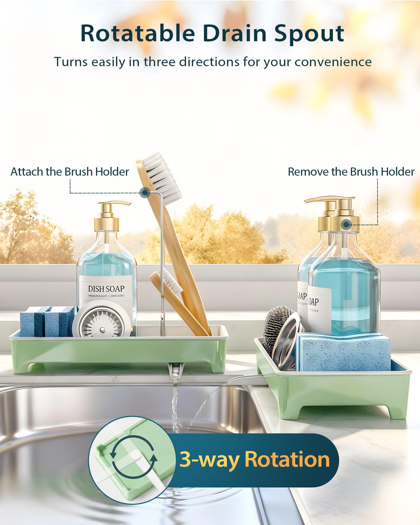 Caumic Minimalist Sink Caddy, Rustproof Sponge Holder for Kitchen Sink with 304 Stainless-Steel Brush Holder, Countertop Rack Organizer with Raised Ridges & Silicone Drain Tube (Mint Green, Large)