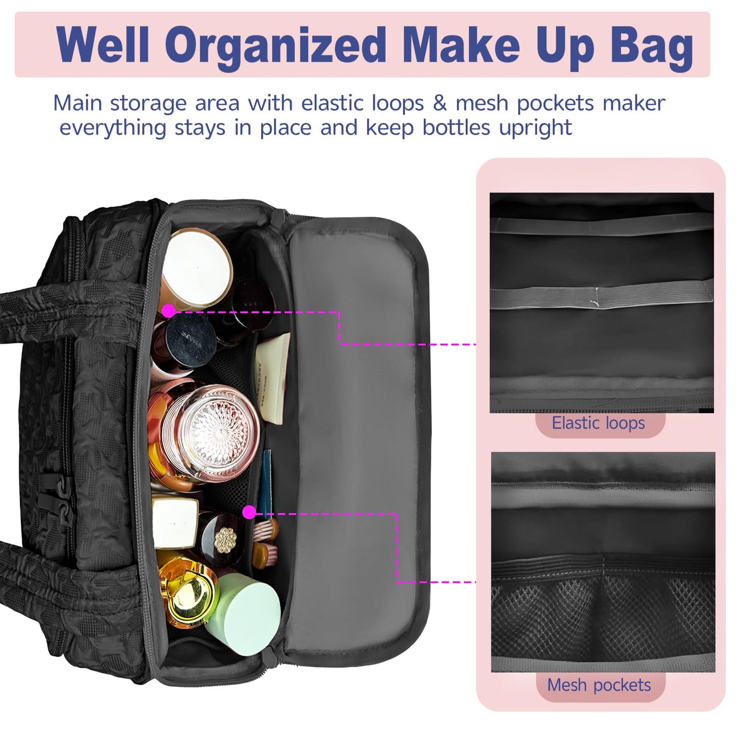 SMONT Toiletry Bag for Women Travel, 11.5" Large Makeup Organizer Toiletries Bags, Big Cosmetic Skincare Cosmetiquera Black