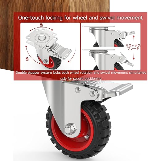 5" Swivel Caster Wheels with Safety Dual Locking and Rubber Tire Wheels, Heavy Duty - 350 Lbs Per Caster for Workbench, Cart, Trolley, Dolly, Cabinet, Compact Rubber Castor Wheels, 4-Packs