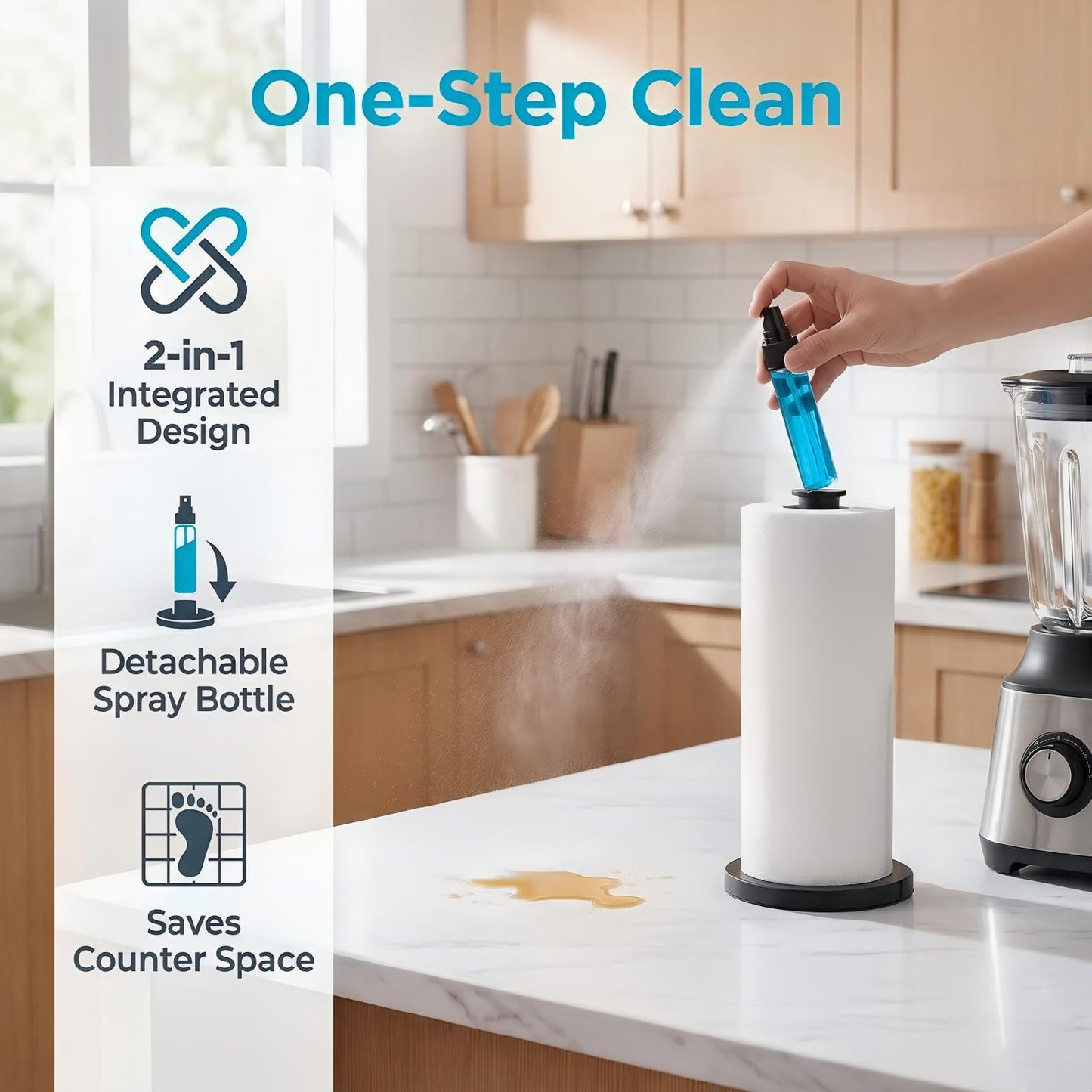 Phtynex 2 in 1 Paper Towel Holder with Spray Bottle,Countertop Paper Towel Holder with Weighted Base,Rust-Resistant Metal Base Standing Paper for Kitchen and Bathroom (Black)