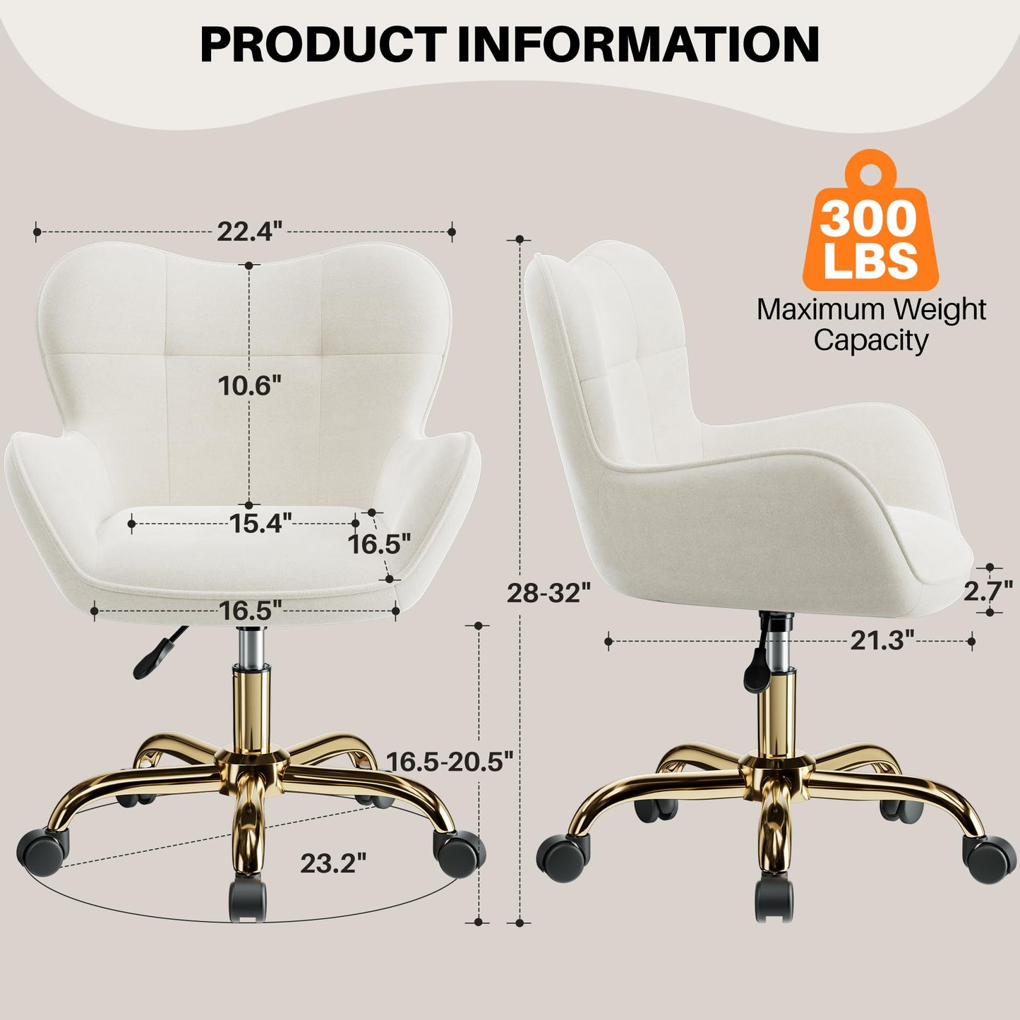 BestEra Vanity Chair with Wheels, Cute Home Office Desk Chairs Adjustable Height for Living Bedroom, Small Modern Fluffy Velvet Makeup Chair with Back for Girls (White)