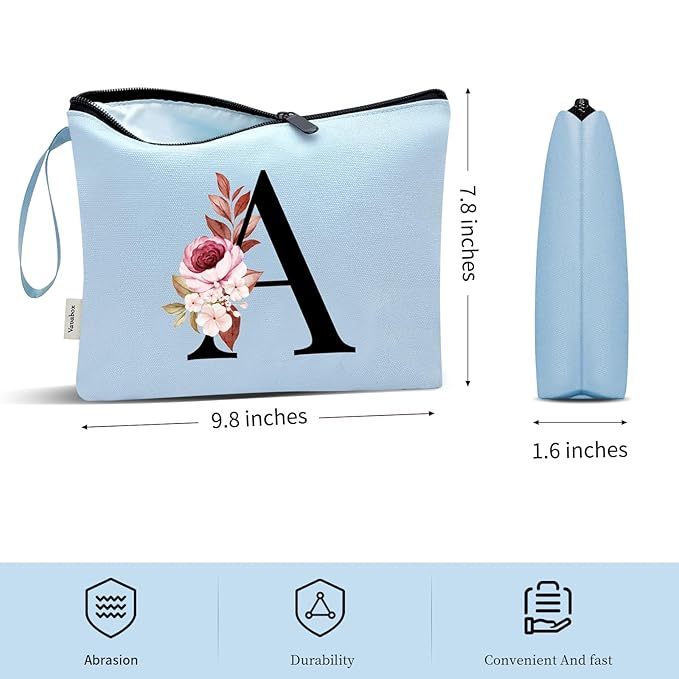 Vavabox A-Z Personalized Makeup Bag, Birthday Gifts for Women Mom, Gifts for Best Friend, Bride Bridesmaid Cosmetic bag (D, Blue)