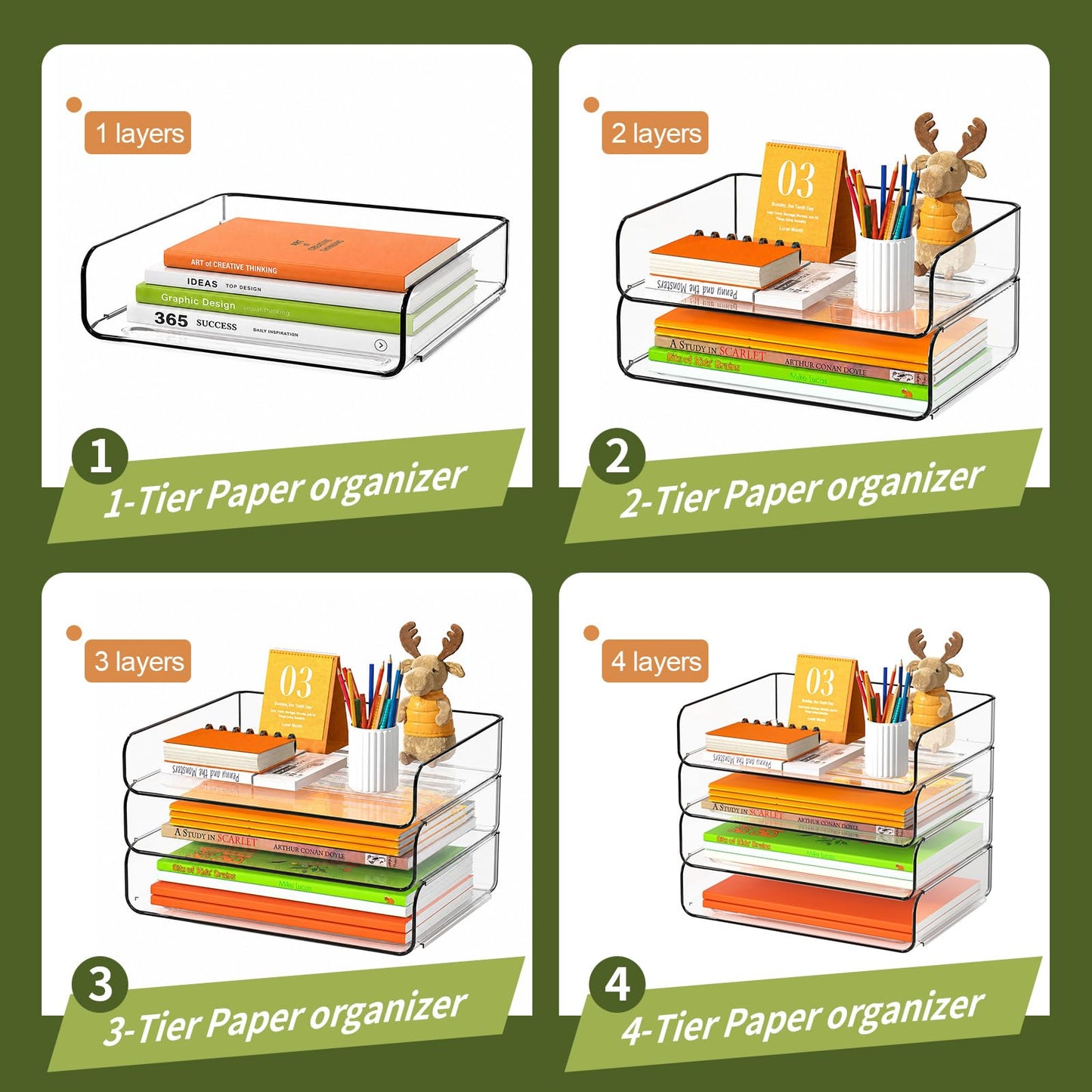 FANXIYQ 4-Tier Acrylic Paper Tray Organizer - Low-Profile Desk File Sorter for Office/Home, Clear Stackable Letter Tray for Bills, Crafts, Notebooks