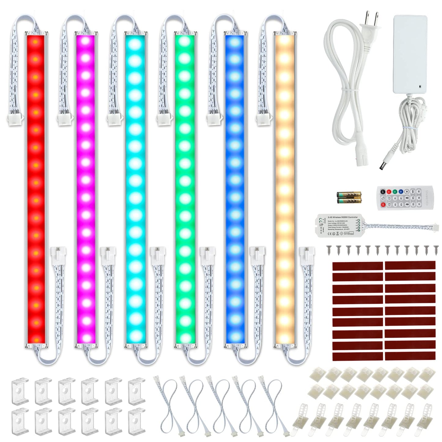 Litever Under Cabinet LED Lighting Kit. RGB Color & Bright Warm White Light. Slim Linkable LED Light Bars with Power Adapter, Controller, Extension Cords. Max 24W. Dimmable. Plug in. RGB + 3000K.