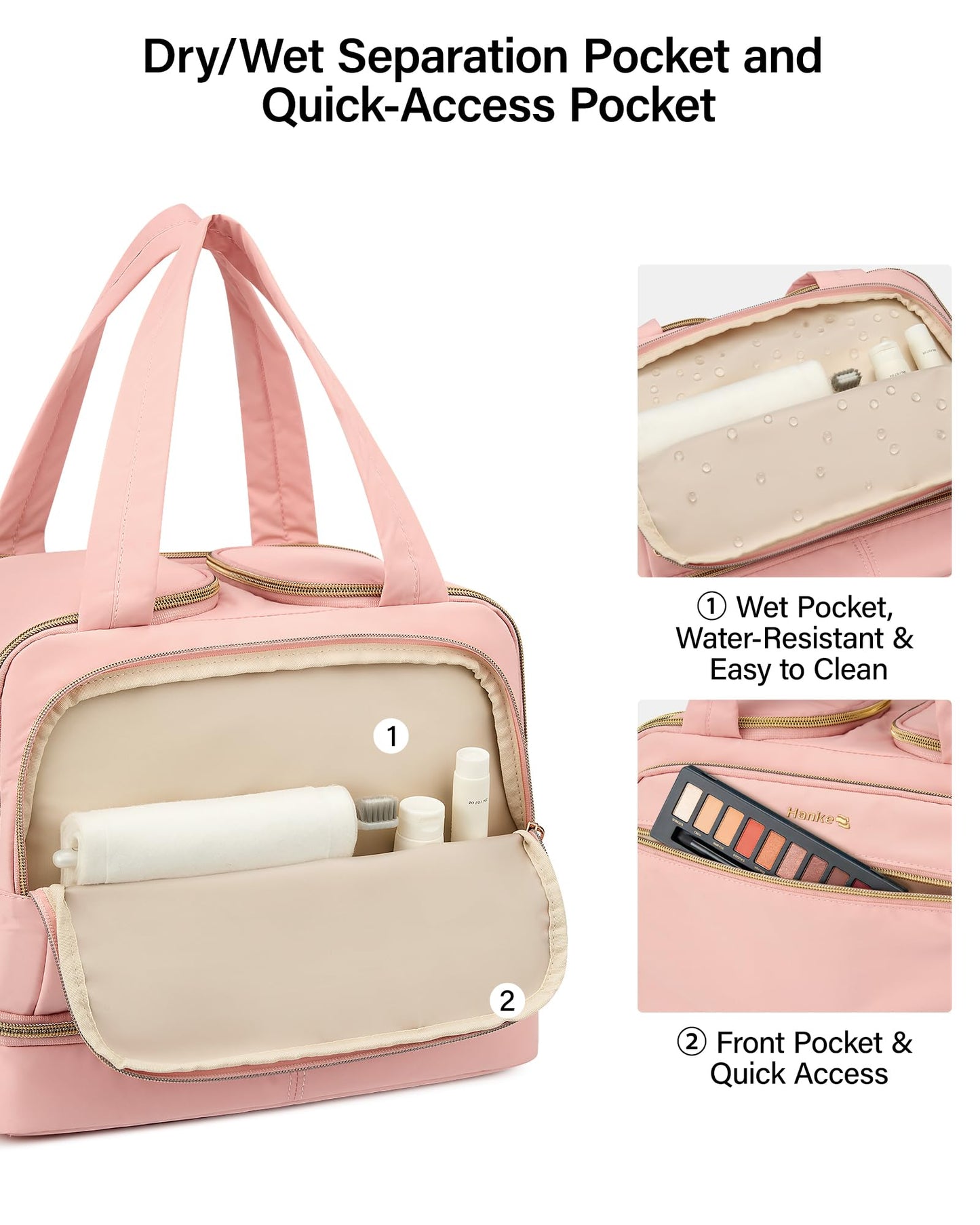 Hanke Travel Toiletry Bag, Lightweight Wide-open Large Toiletry Bags for Women, Dual-Layer Makeup Bag Water-Resistant Cosmetic Travel Bag with Handle for Accessories, Essentials, Pink