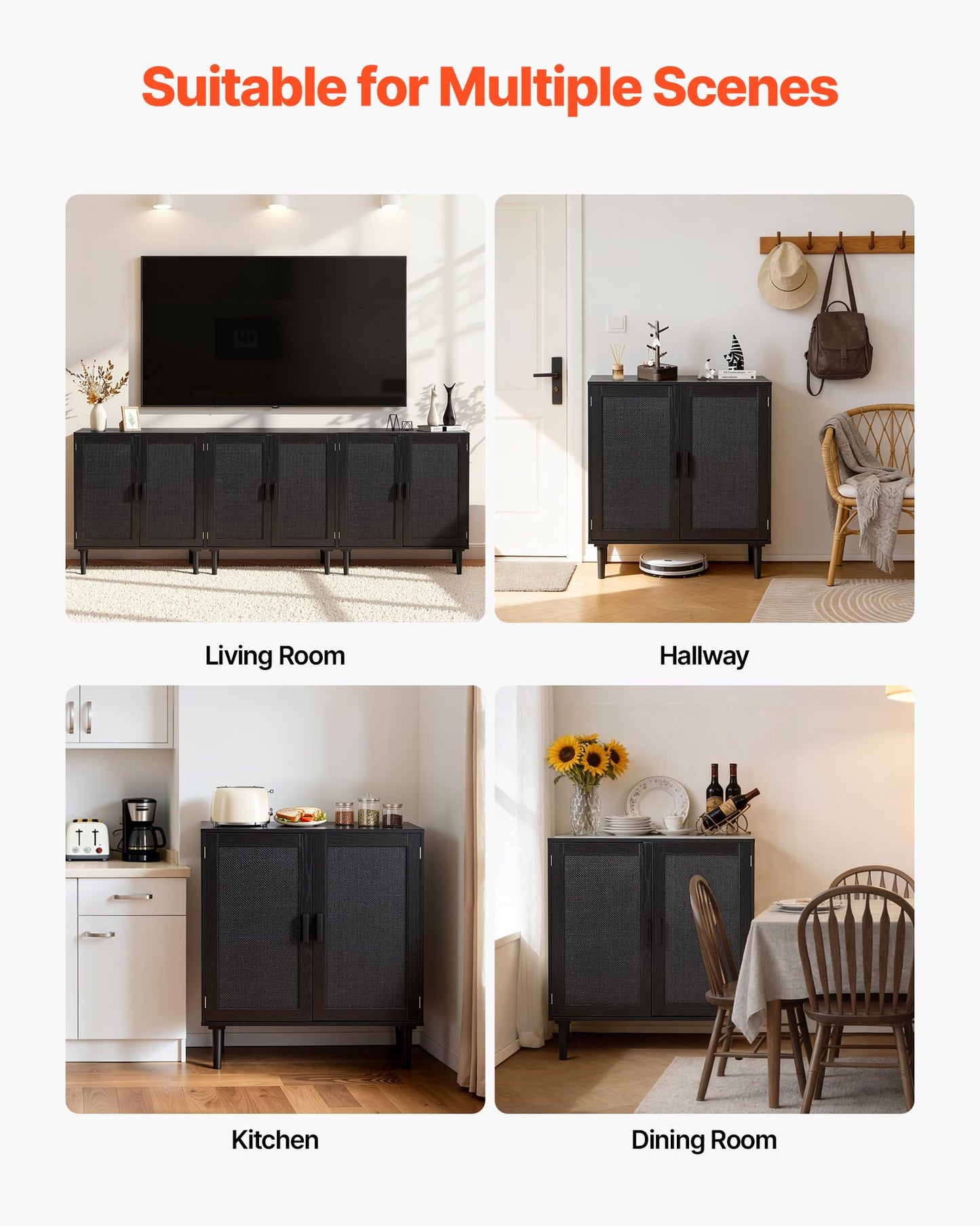 VEVOR Buffet Cabinet, Rattan Sideboard Cabinet with 2 Magnetic Doors and Adjustable Shelves, Accent Sideboard Buffet with Wooden Legs & Power Cord Hole for Hallway, Entryway, Kitchen, Black