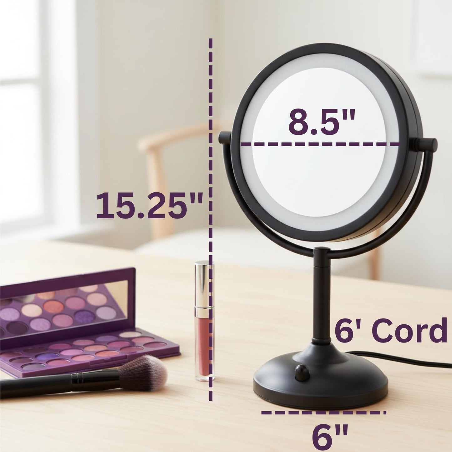 JERDON Lighted Tabletop Mirror with 10X/1X Magnification - Black Makeup Mirror with Multiple Light Settings - 8.5-Inch Diameter Vanity Mirror - Model JS8510BK