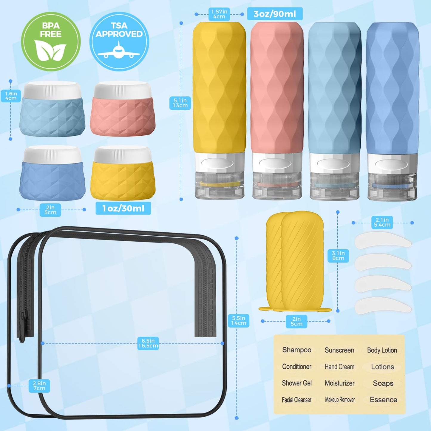 16Pack Travel Bottles for Toiletries, TSA Approved Travel Size Toiletries Containers Set, Silicone Leak Proof Refillable Bottles Elastic Sleeves Creams Jars Accessories Kit W/Clear Bag (Bright)