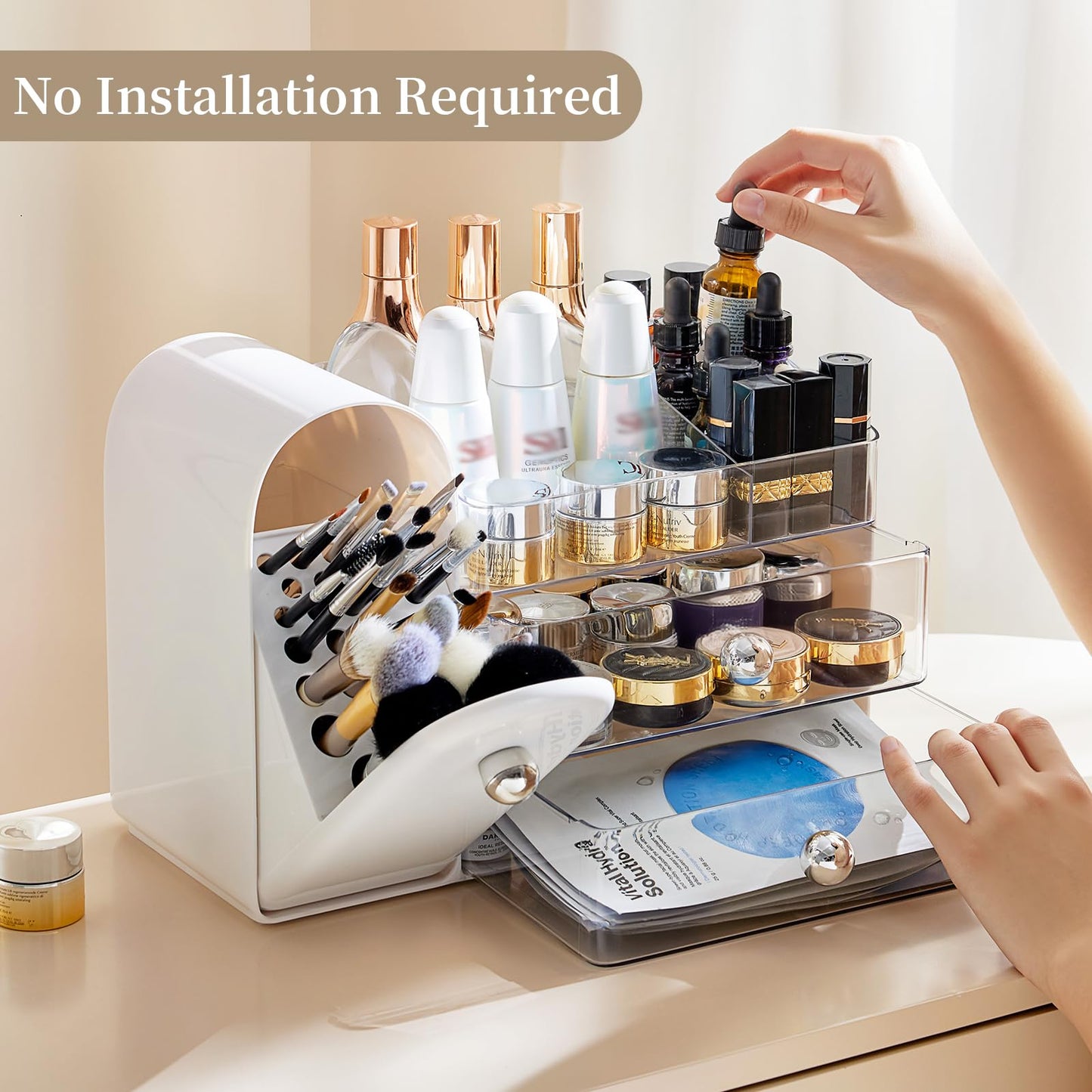 Makeup Organizer with Brush Holder for Vanity, Large Cosmetic Display Cases with 2 Drawers, Skincare Organizer for Bathroom Countertop, White