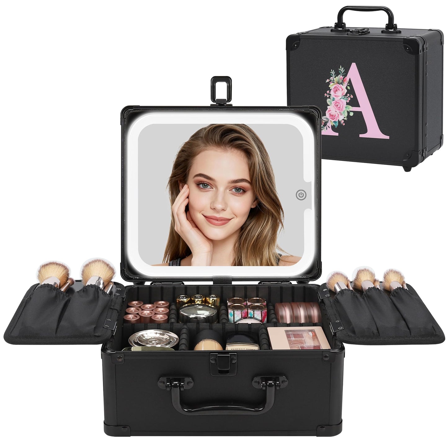 Relavel Birthday Gifts for Women Teen Girls, Initial Makeup Bag with LED Mirror Personalized Cosmetic Bag Travel Organizer Train Case, Teacher Graduation Gift Teen Girl Gifts Trendy Stuff, Black A