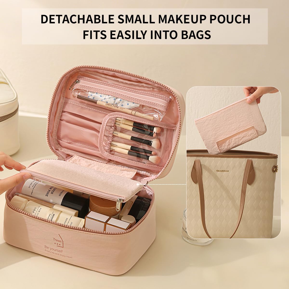 PLOPONOM Makeup Bag Large Capacity Travel Toiletry Bag,Double zipper Cosmetic Bag with Handle,Pink Women's Travel Makeup Organizer,Cute Lightweight Makeup Pouch,Portable Skincare Storage Bag
