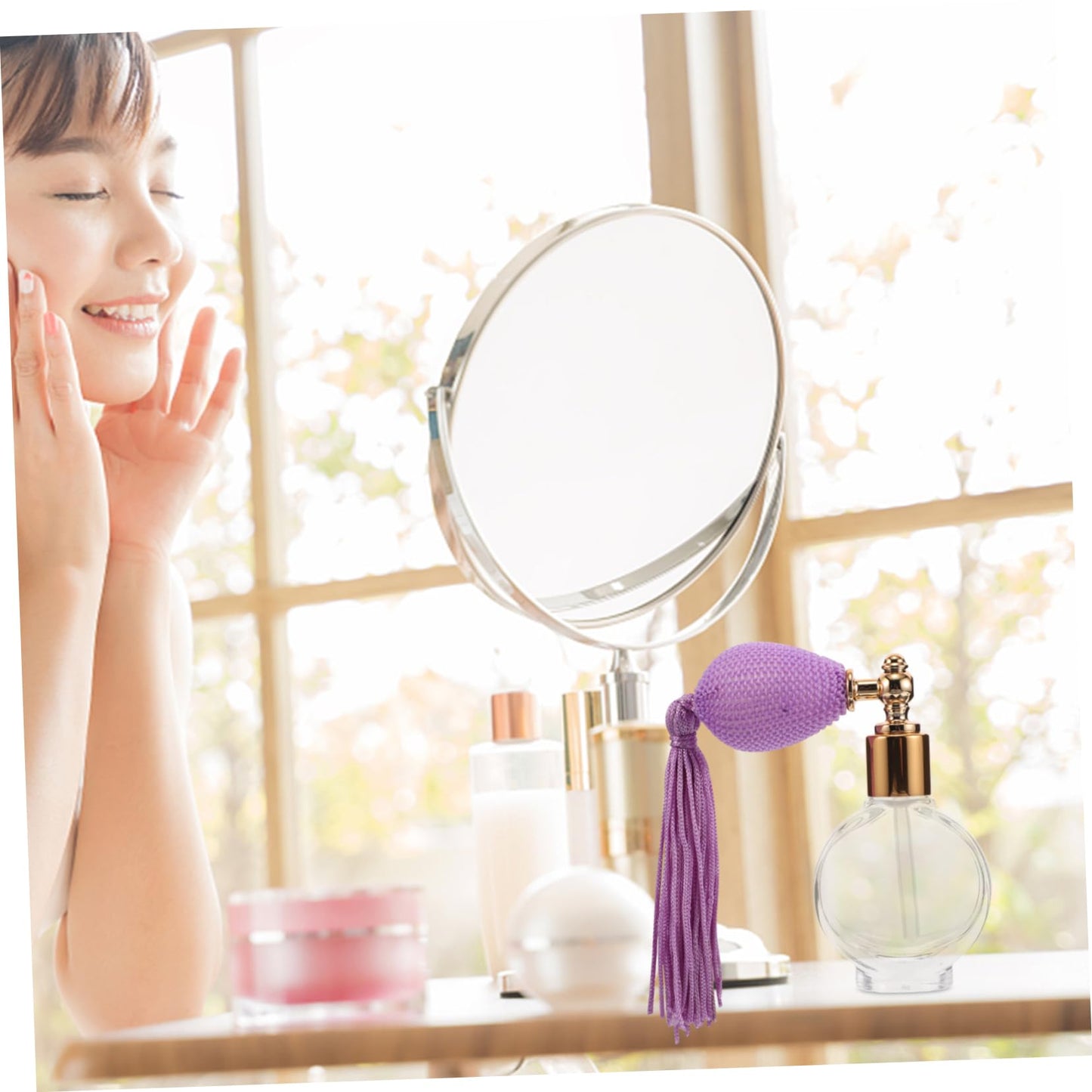 Healvian Refillable Perfume Pump Sprayer Bottle Vintage Style with Tassel Portable Mini Atomizer for Travel Body Powder and Fragrance Compact Makeup Tool 3.26X2.99X0.66In