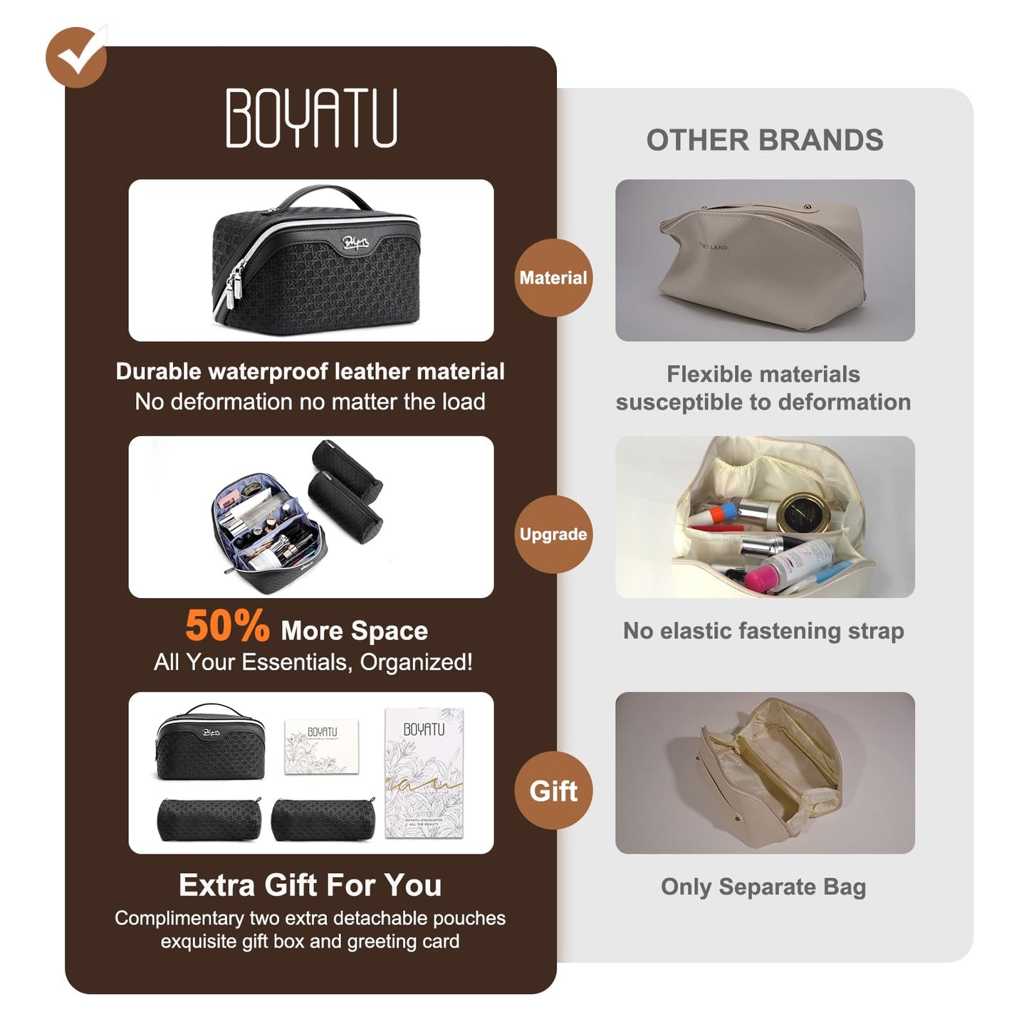 BOYATU Travel Makeup Bag Cosmetic Bags for Women: Large Capacity 3 Pcs Set Make up Bag with Compartments - Waterproof Vegan Leather Toiletry Organizer Bags with Handle (M-71Black)