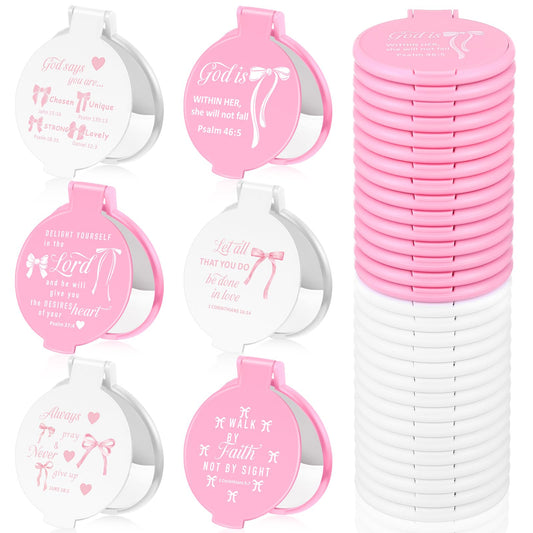 Namalu 36 Pcs Pink Bow Christian Compact Mirrors Bible Verse Mini Mirrors Pink Party Favors Coquette Gift Bulk Makeup Pocket Mirror Inspirational Christian Religious Gifts for Mother Women Church