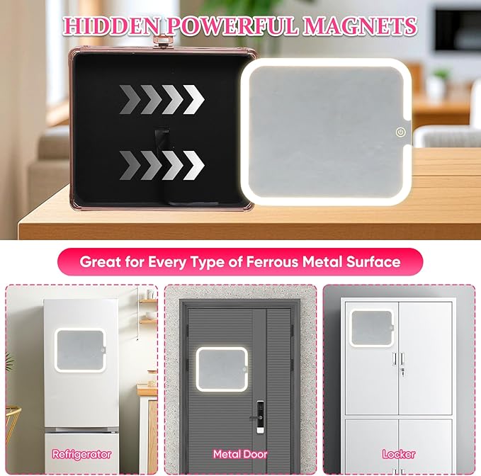 Makeup Box with Detachable Lighted Mirror–Travel Train Case, Cosmetic Storage Organizer & Makeup Suitcase with Adjustable Dividers & Magnetic LED Mirror (Pink)