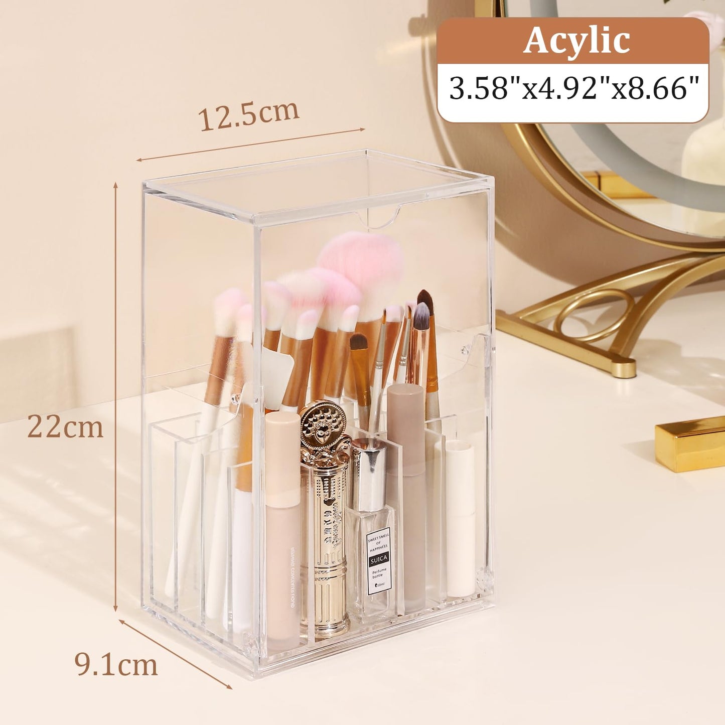 LOHRYVIO Acrylic Makeup Brush Holder with Slanted Flip-Top Lid - Clear Dustproof Cosmetic Make up Brush Organizer and Storage Box - Large Capacity 17-Slots Container for Vanity Brushes (Transparent)