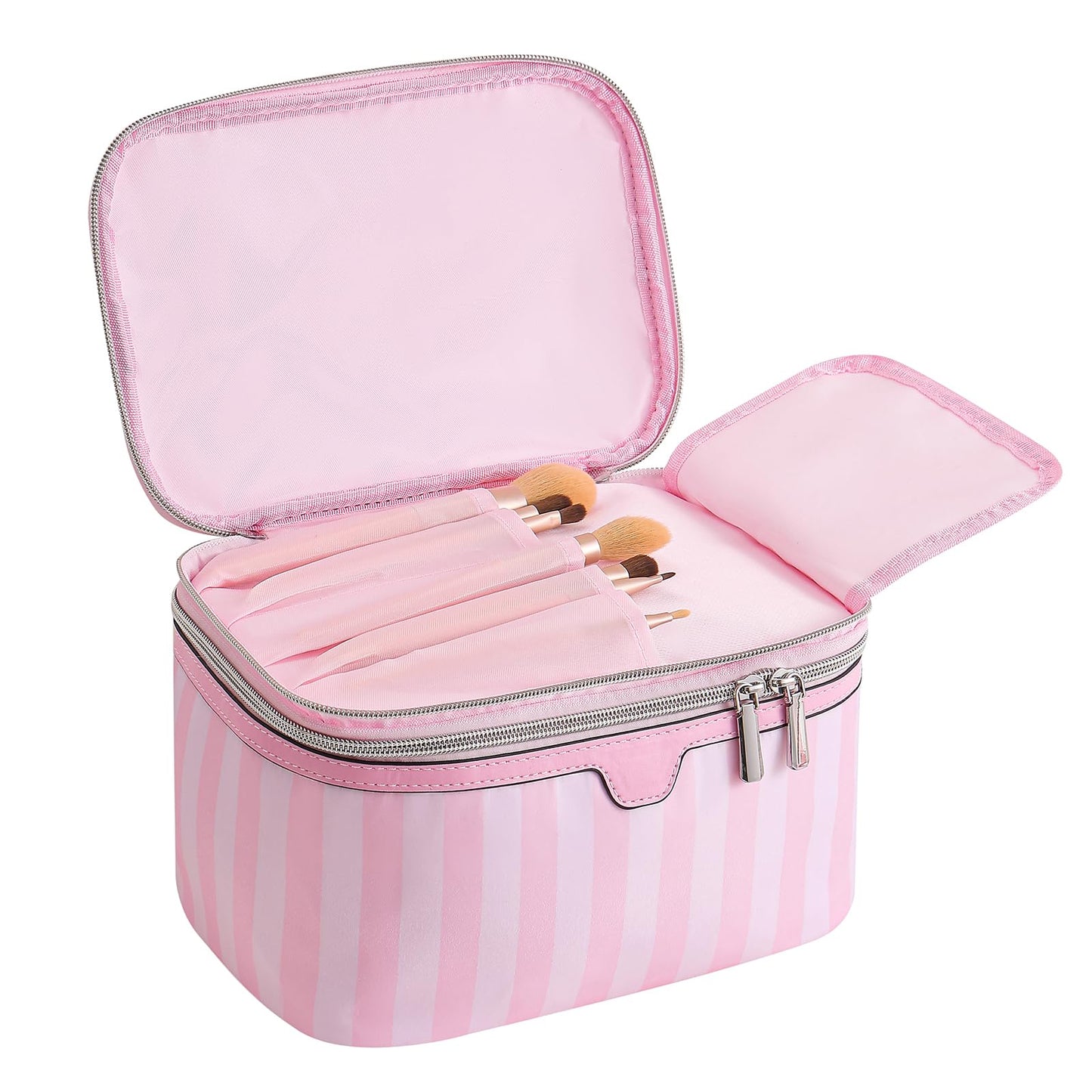 RSRSLEII Large Waterproof Double Layer Travel Makeup Bag, Aesthetic Nylon Striped Cosmetic Case，Coquette Traveling Toiletry Bag With Handle，Ideal for Women and Girls(01Top Open)