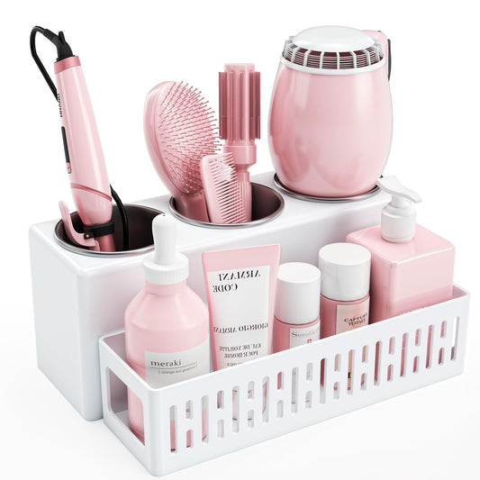 LATTYSY Hair Tool Organizer, Detachable Hair Dryer Holder with 3 Stainless Steel Cups, Wall Mounted Bathroom Organizers and Storage for Accessories, Curling Irons, Straighteners, Toiletries, Makeup