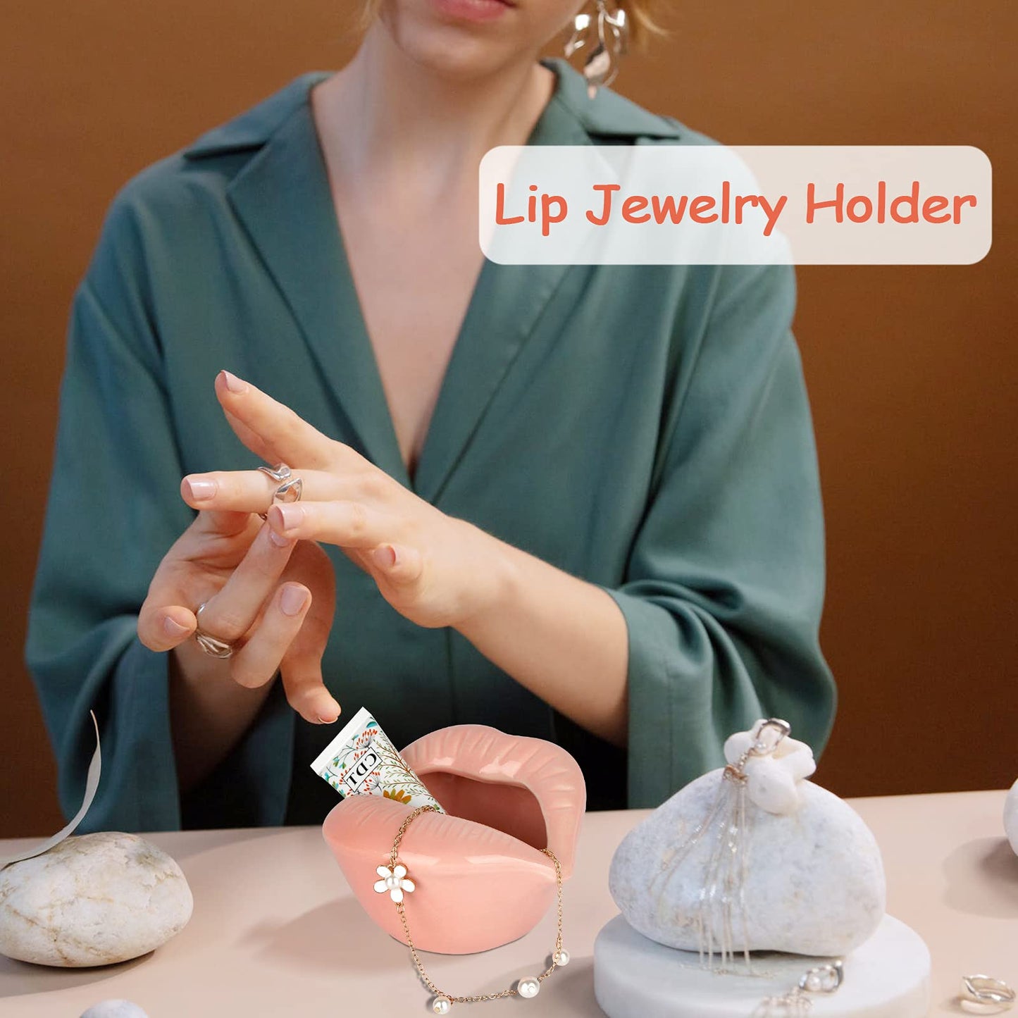 Trycooling Ceramic Red Lips Lipstick Ring Holder Jewelry Tray Rack Decorative Cosmetic Storage Display Holder Desktop Hairpin Storage Organizer Birthday Choice (Pink)